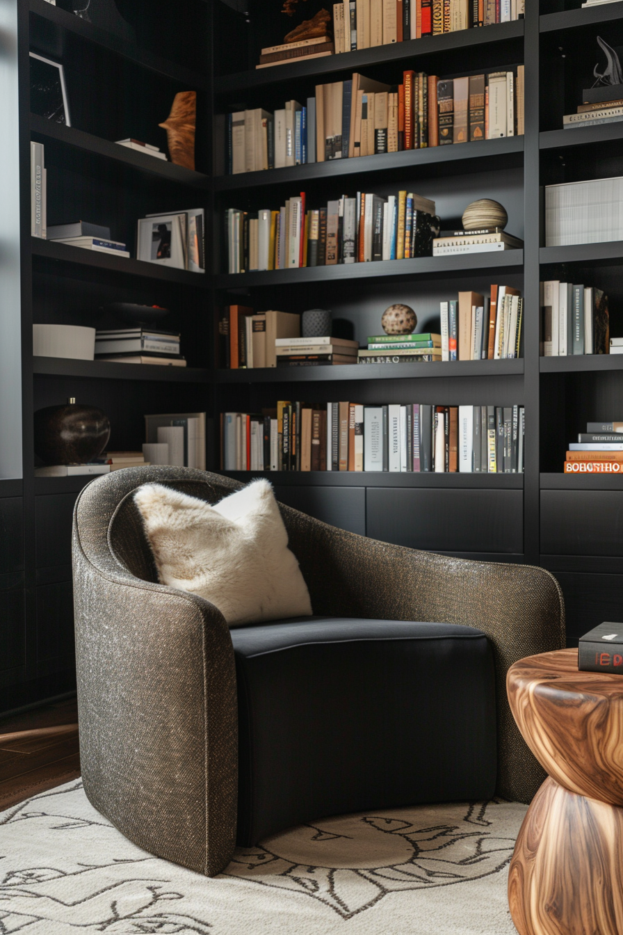 Cozy reading nook with a textured armchair, fur pillow, and full bookshelves in a dark-toned room.