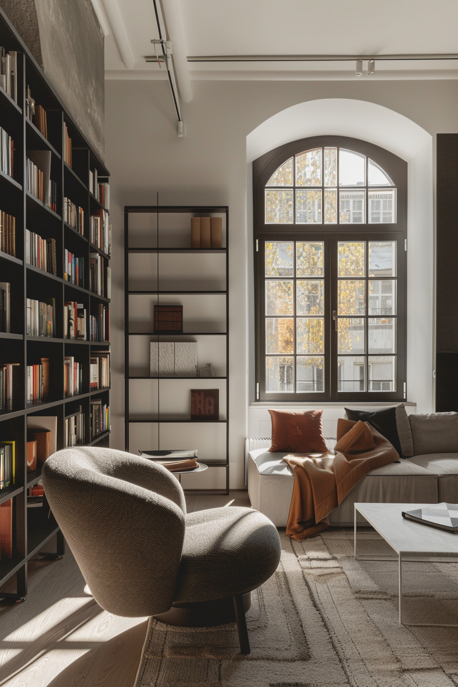 A cozy modern living room with a large bookshelf, comfortable furniture, and a large arched window with a view of autumn trees.