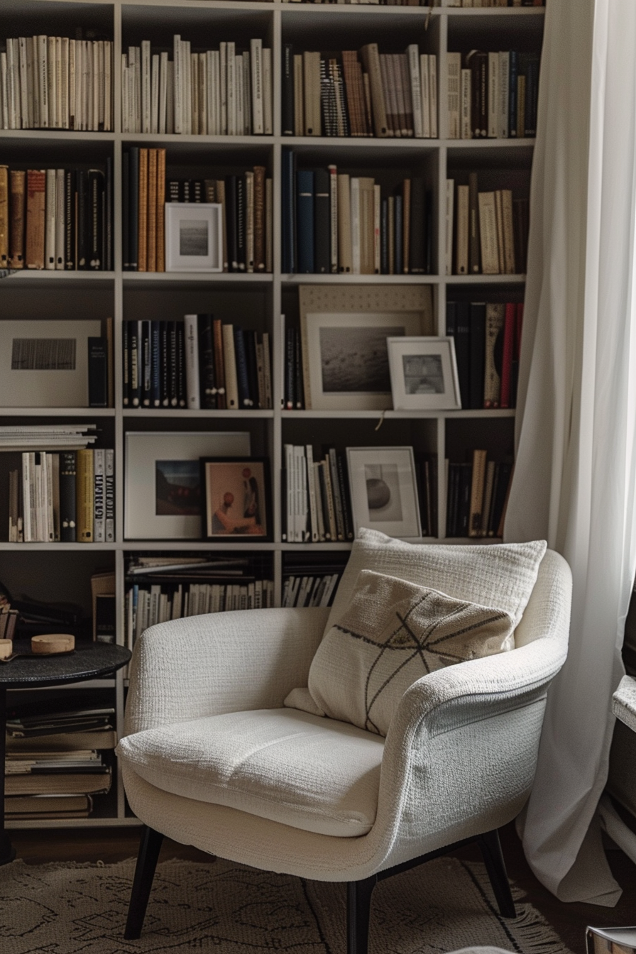 Cozy reading nook with a modern white armchair, a plaid cushion, and a full bookshelf in the background.
