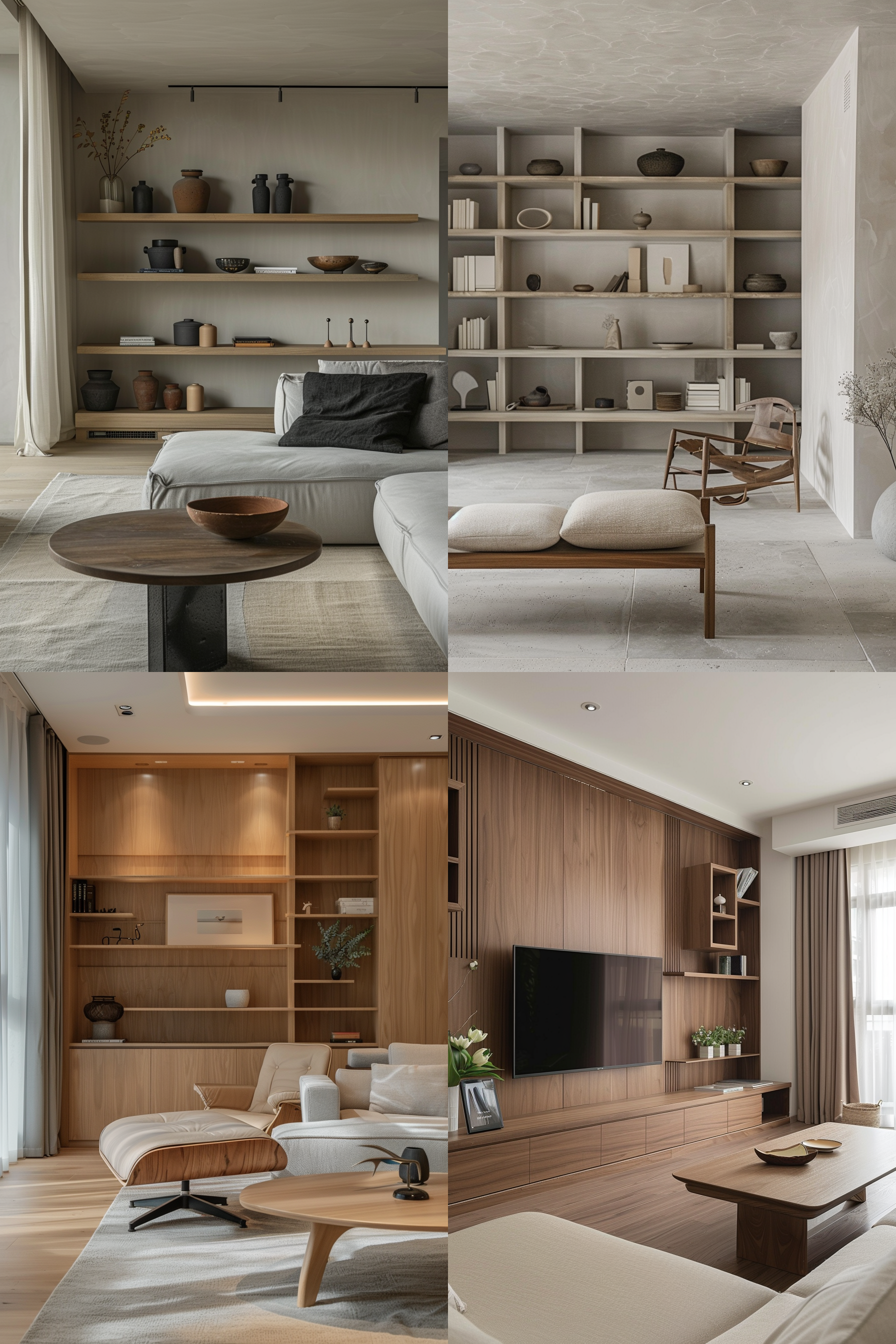 Four images showcasing modern living room interiors with neutral color palettes, wooden furniture, shelving units, and decor.