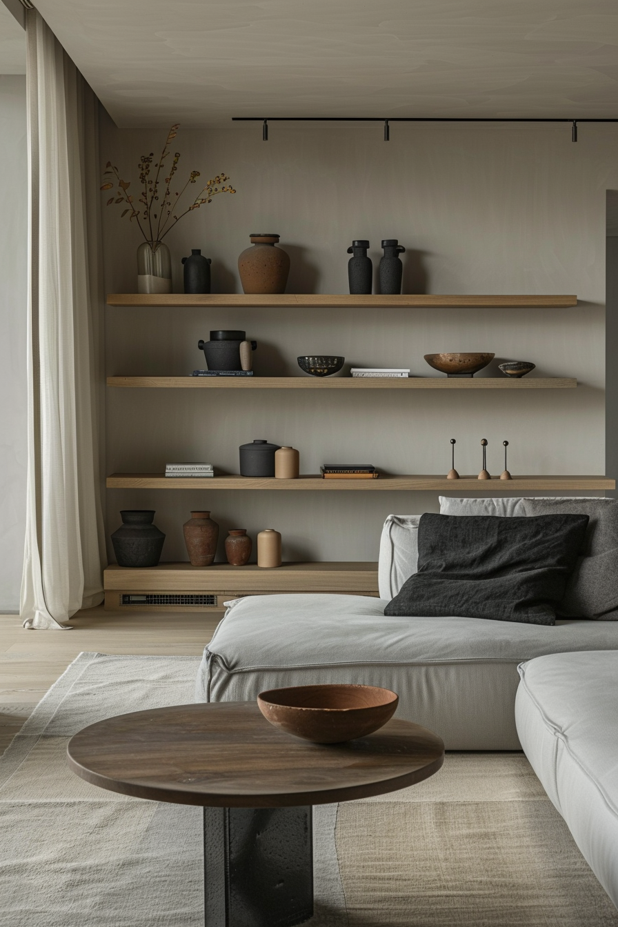 Modern living room with neutral tones, wooden shelves with ceramics, a sofa with pillows, and a round coffee table.