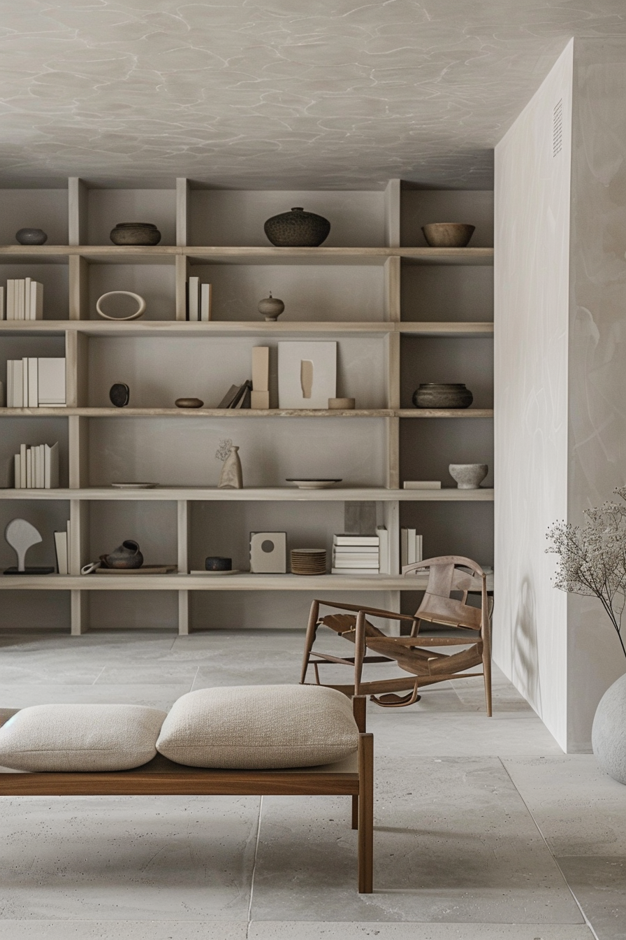A minimalist room with a large built-in bookshelf, a wooden chair, and two cushioned seats on a bench. Neutral colors throughout.