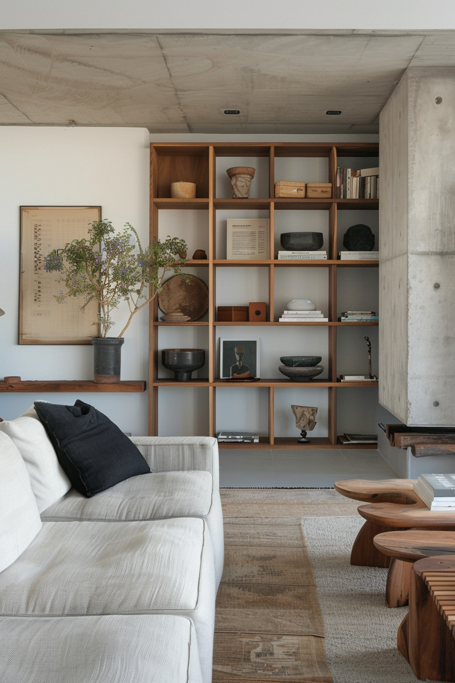 A modern living room with a white sofa, wooden bookshelf filled with decor, concrete ceiling, and an area rug.