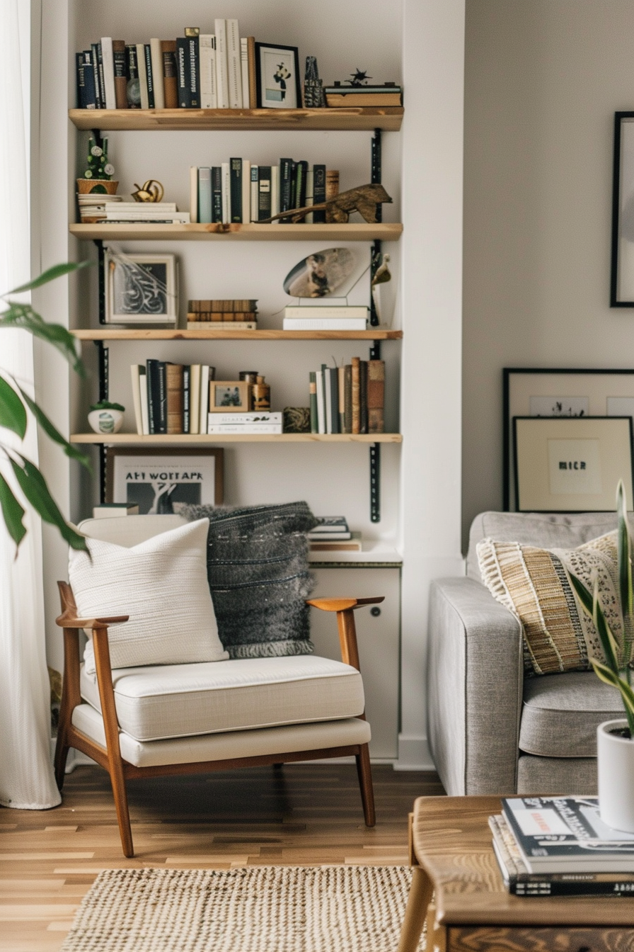 Cozy home interior with a wooden bookshelf filled with books, framed art, a mid-century modern armchair, and decorative pillows.