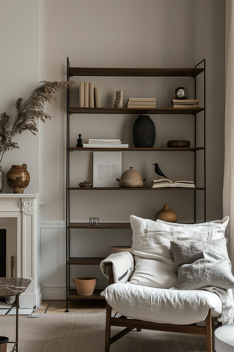ALT text: A cozy room corner with a wooden shelf filled with books and pottery, a comfortable chair with cushions, and serene neutral tones.