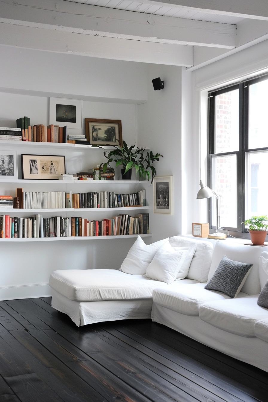 A cozy living room corner with a white L-shaped sofa, dark wooden floors, bookshelves, framed art, and bright windows.