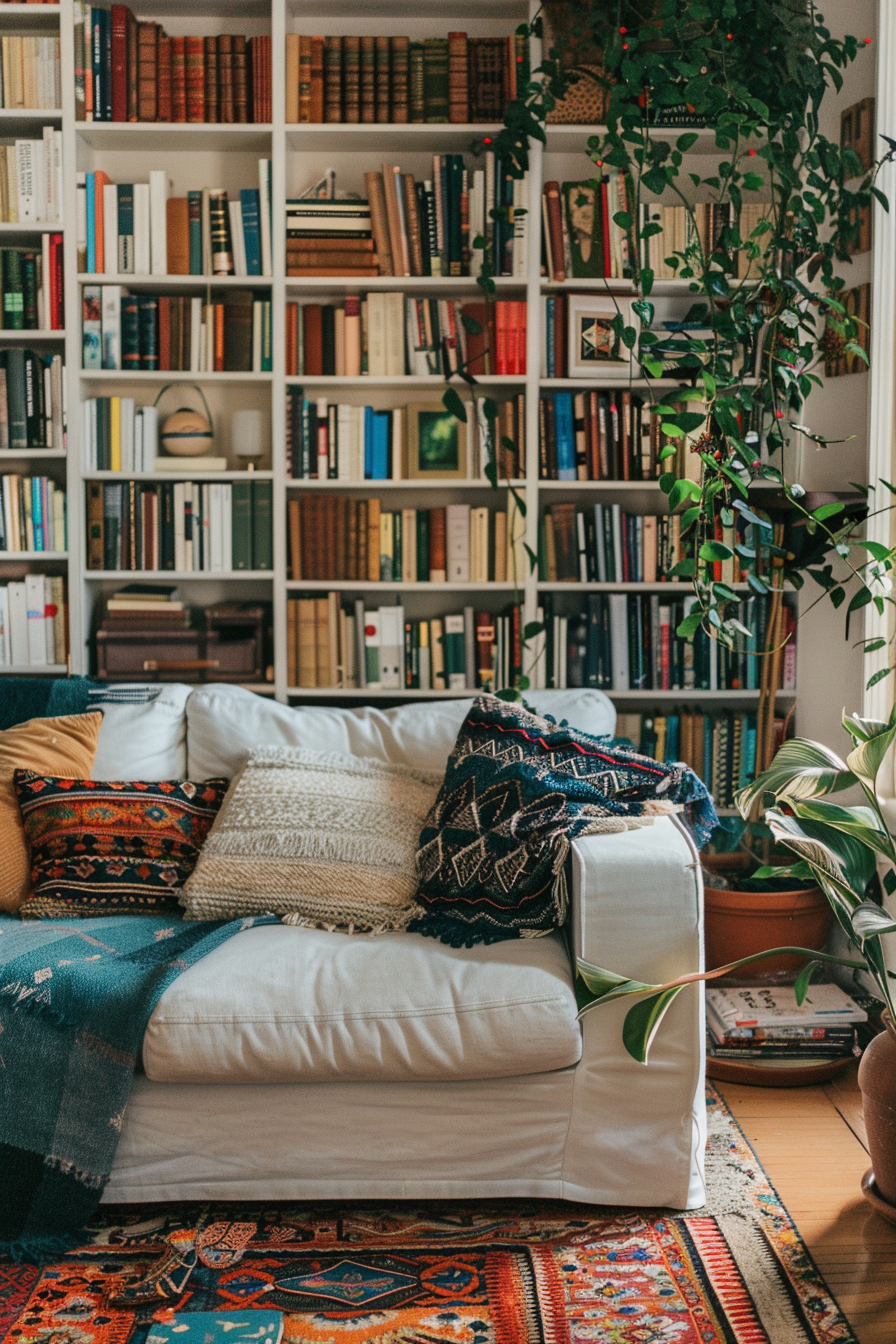 Cozy reading nook with a comfortable couch, decorative pillows, surrounded by bookshelves filled with books, and potted plants.