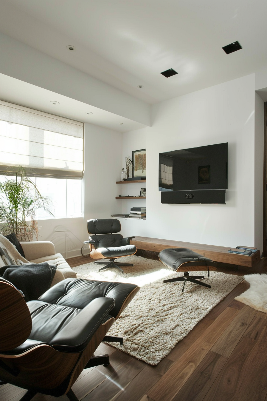 Modern living room with Eames lounge chair and ottoman, hardwood floors, wall-mounted TV, and natural light from window.