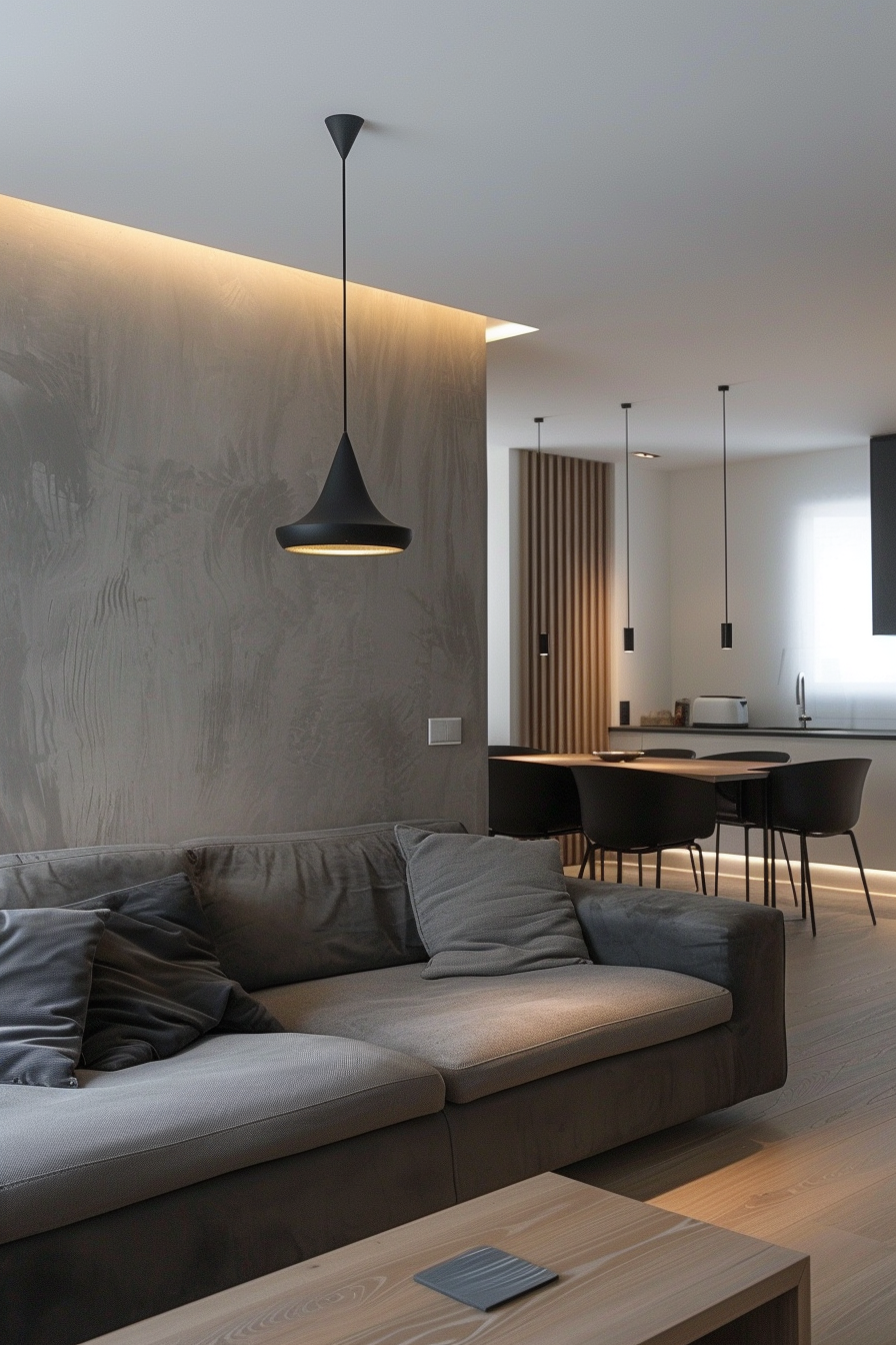 Modern living room with a grey sofa, wooden floors, and pendant lighting creating a cozy ambiance.