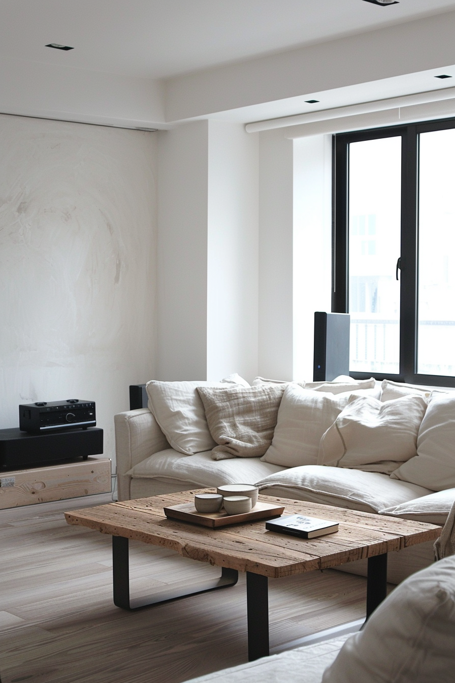 A cozy modern living room with a beige sofa, wooden coffee table, and minimalist decor, bathed in natural light.
