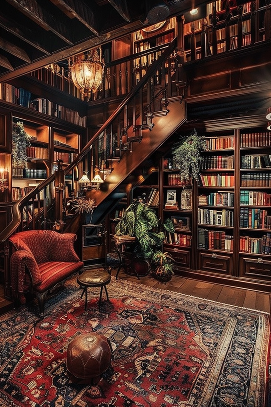 A cozy two-story home library with a staircase, lush carpet, red armchair, and books lining dark wooden shelves.