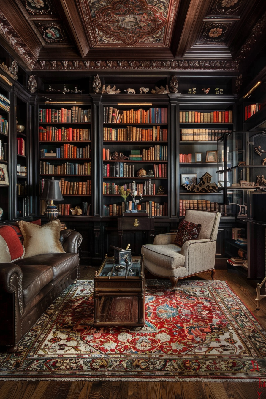 ALT: An opulent library room with dark wood bookshelves full of books, ornate ceiling, leather sofa, armchair, Persian rug, and decorative objects.