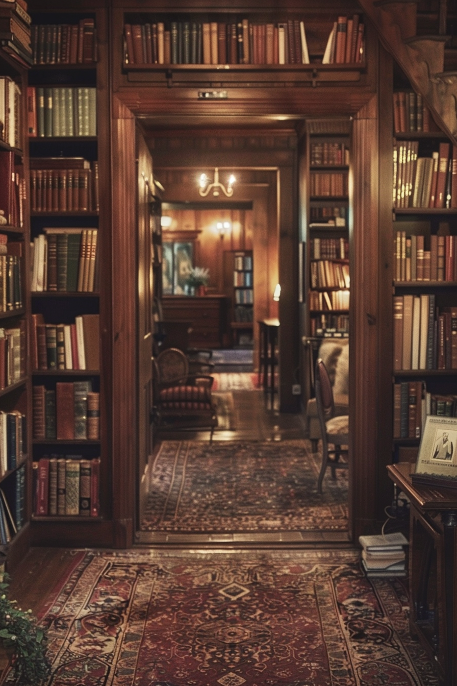A cozy home library with wall-to-ceiling bookshelves, a central passage leading to a lit room, and ornate rugs on wooden floors.