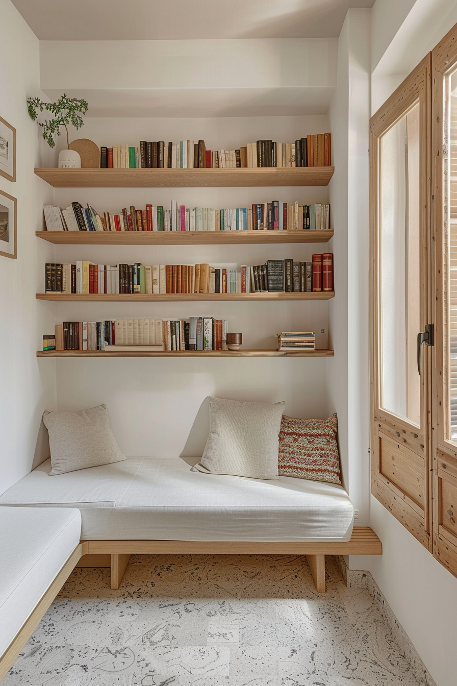 Cozy reading nook with a white daybed, colorful cushion, wooden shelves filled with books, and a wooden window letting in light.