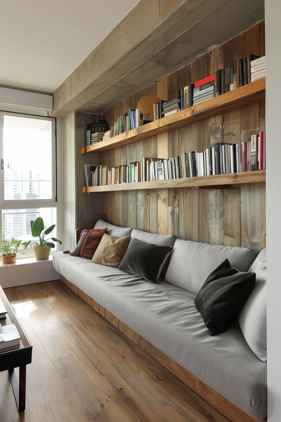 Modern cozy reading nook with cushioned bench, wooden bookshelves filled with books, and large window letting in natural light.