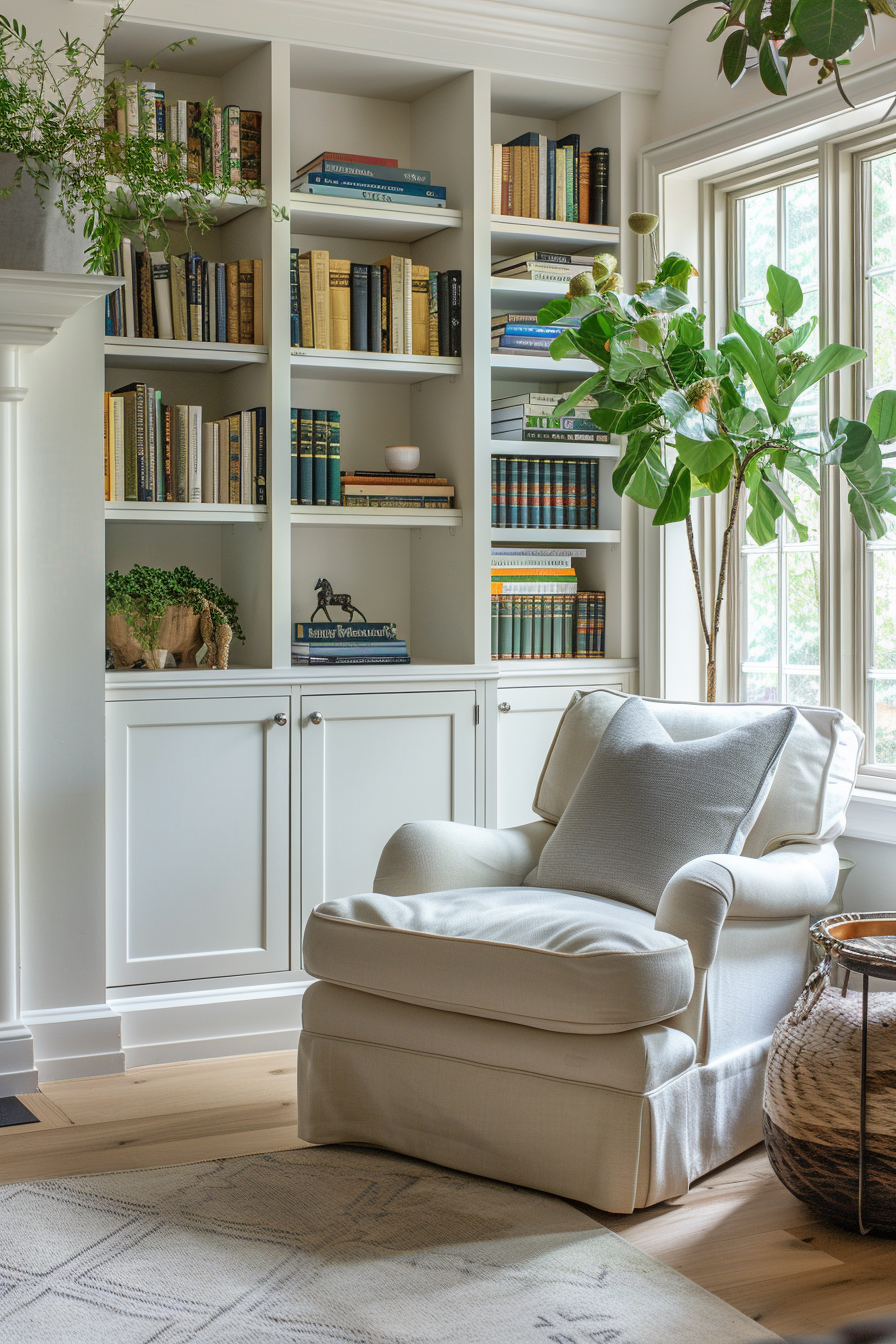 Cozy reading nook with a plush chair, built-in bookshelves filled with books, and lush plants near a sunny window.
