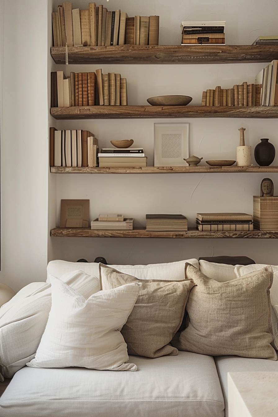 Wooden shelves with neatly arranged books and pottery above a cozy couch with plush pillows in a well-lit room.