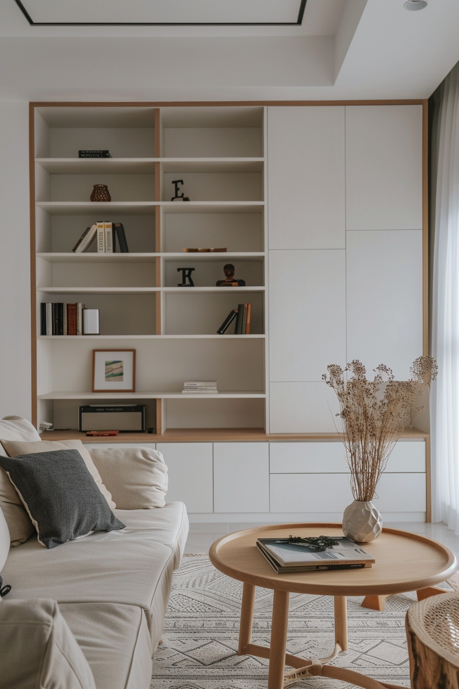 ALT: A cozy modern living room corner with a beige sofa, round wooden coffee table, a bookshelf, and dried flowers in a vase.