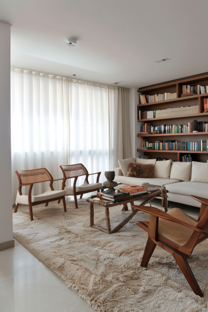 ALT: A cozy living room with a plush beige carpet, a wooden bookshelf full of books, two designer chairs, a sofa, and a glass-top coffee table.