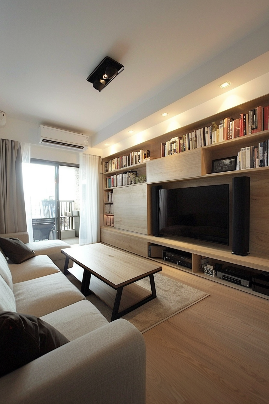Modern living room with sofa, coffee table, large TV, bookshelves, and balcony access.
