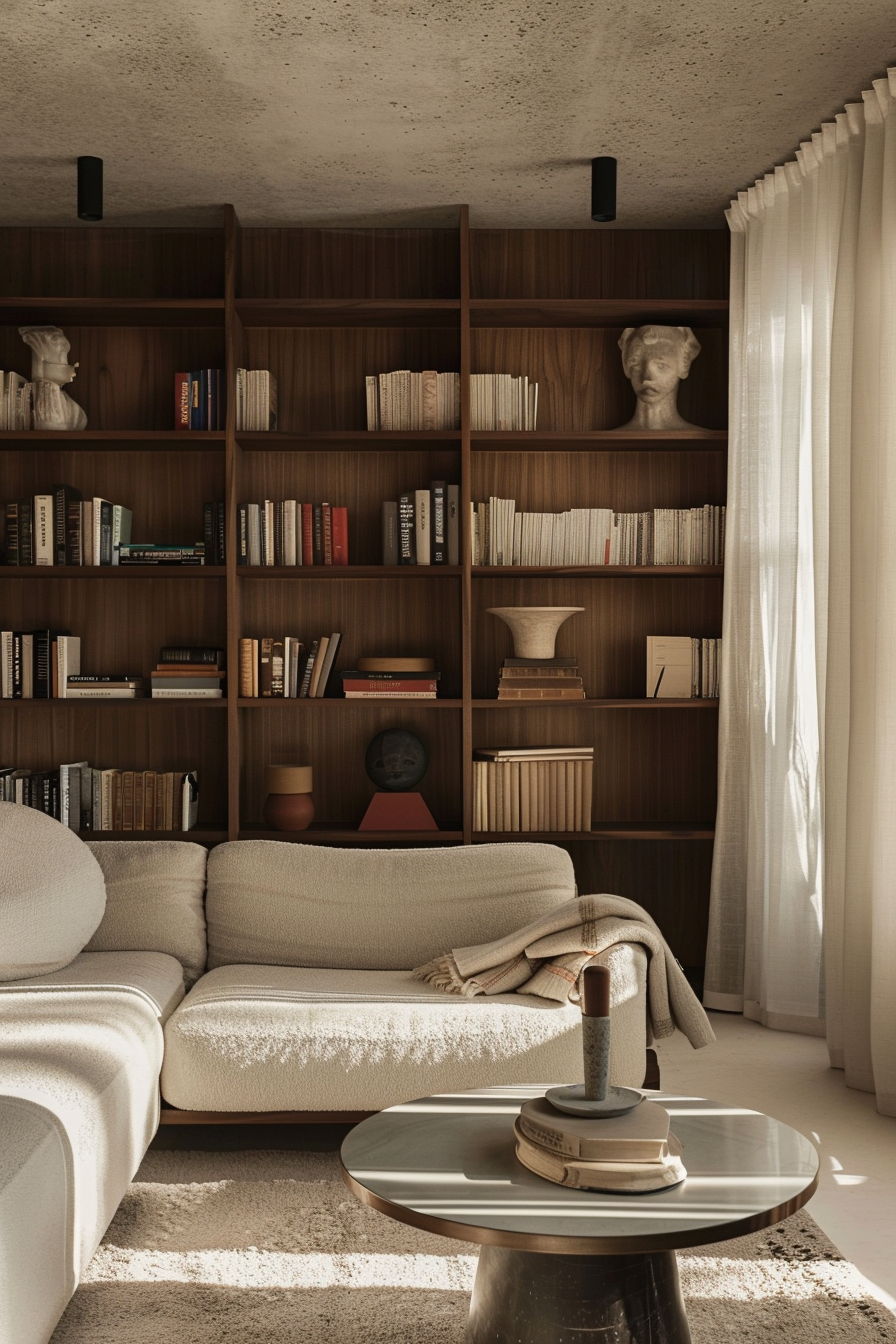 Cozy reading nook with a plush sofa, a full bookshelf and classical bust decor, sunlit through sheer curtains.