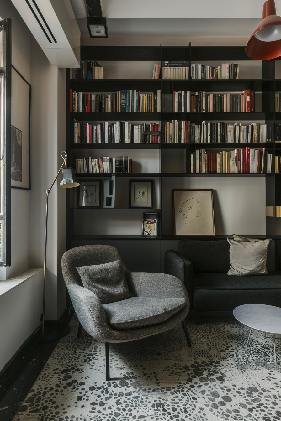 Modern living room with a full bookshelf, armchair, sofa, artwork, floor lamp, and patterned rug.
