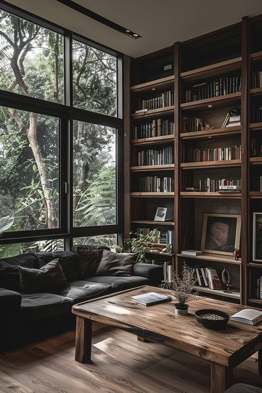 A cozy home library with floor-to-ceiling windows overlooking green trees, dark bookshelves filled with books, and a plush sofa.