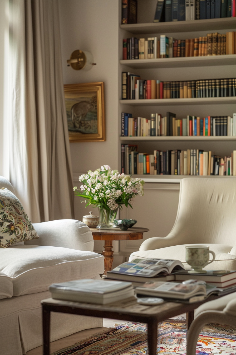 Cozy living room corner with a white armchair, side table with flowers, bookshelves, and a coffee table with books.