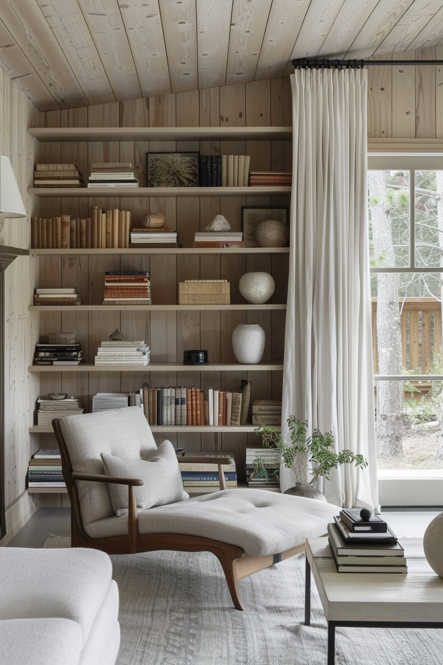 Cozy reading nook with a wooden bookshelf, comfortable chair with ottoman, white curtain, and potted plant by a window.