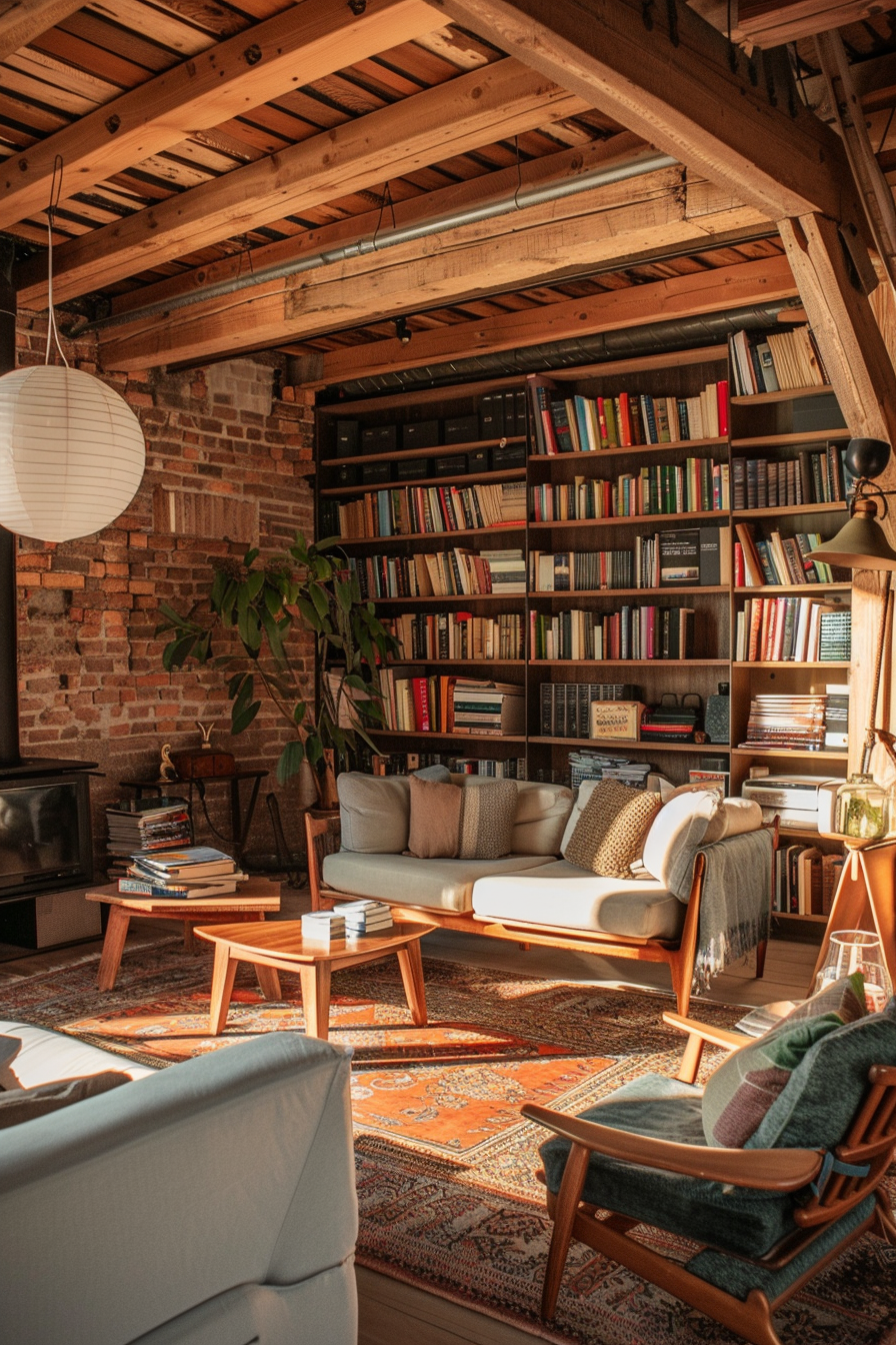 Cozy reading nook with a plush sofa, well-stocked bookshelves, exposed wooden beams, and warm lighting under a loft ceiling.