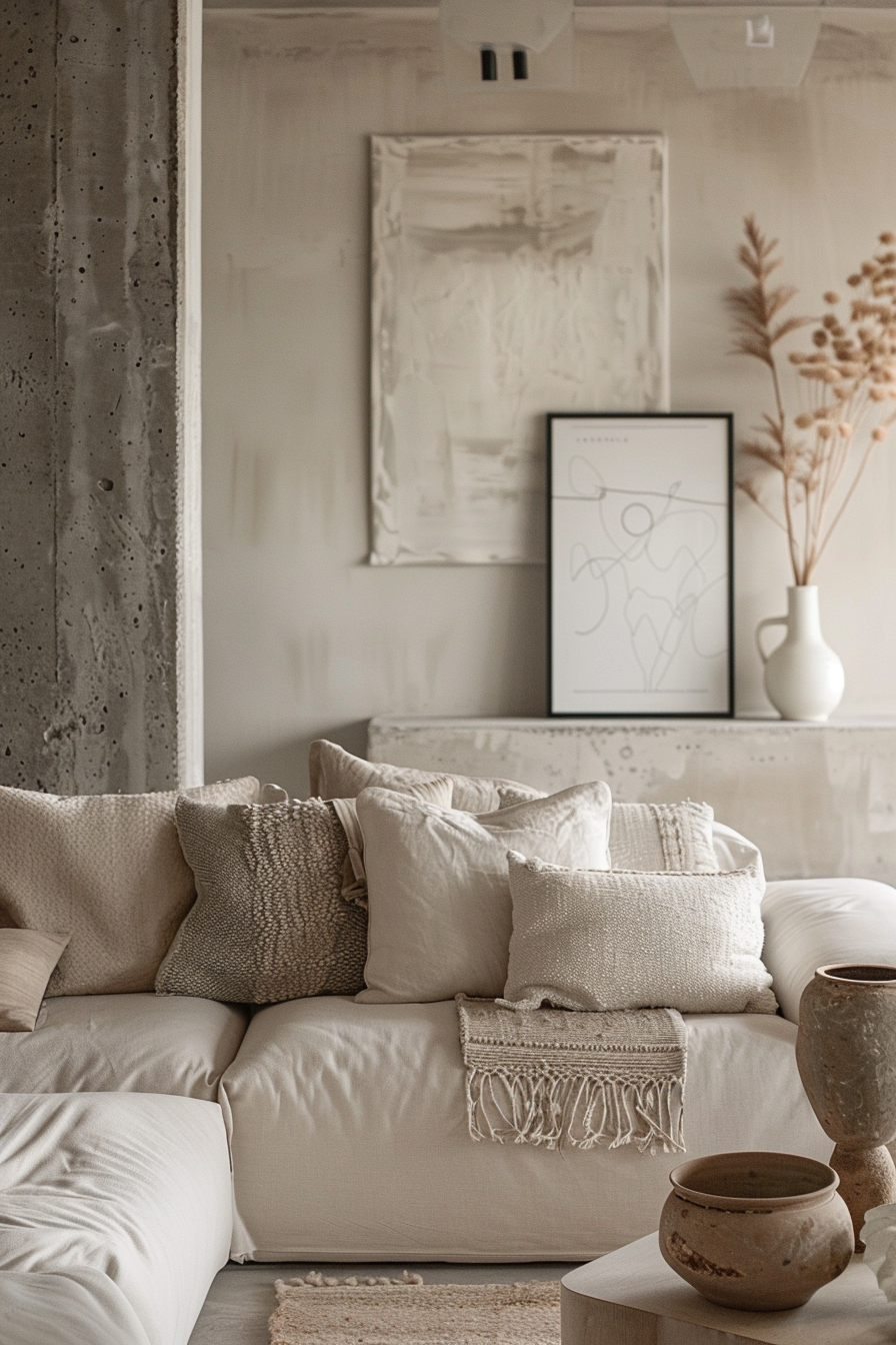 A cozy living room corner with a beige sofa adorned with various textured cushions, abstract wall art, and decorative vases.