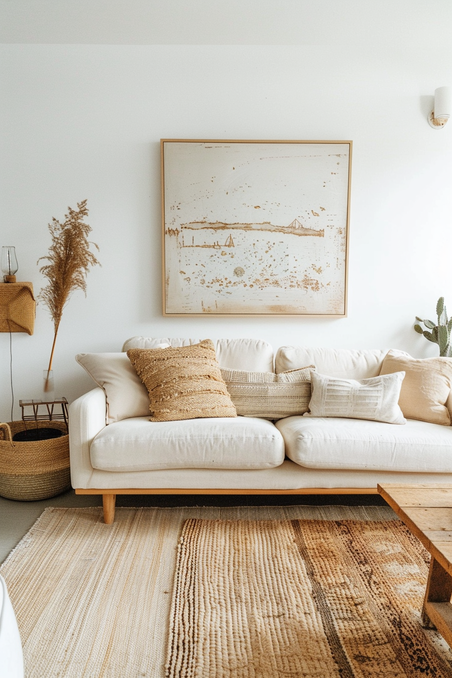ALT text: Cozy living room corner with a white couch adorned with textured pillows, large abstract artwork on the wall, and warm-toned decor.