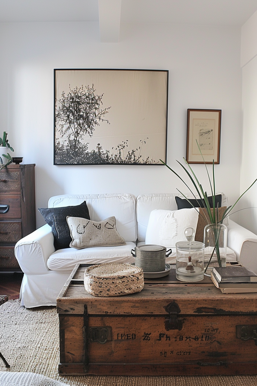 Alt text: Cozy living room corner with a white couch, wooden antique trunk as a coffee table, large print of a tree on the wall, and decorative pillows.