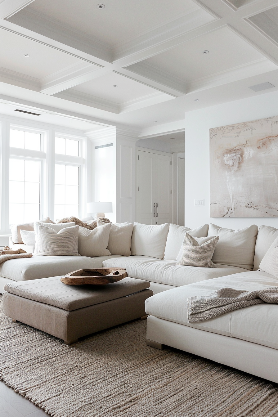 Elegant living room with white sectional sofa, beige ottoman, textured rug, and abstract art above a white cabinet.