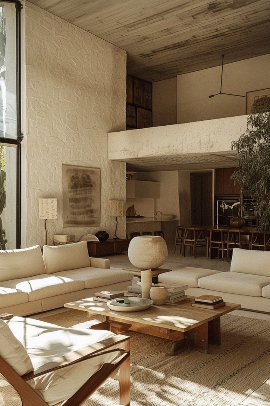 ALT: Cozy modern living room with cream sofas, wooden tables, textured rug, and sunlit minimalist decor.