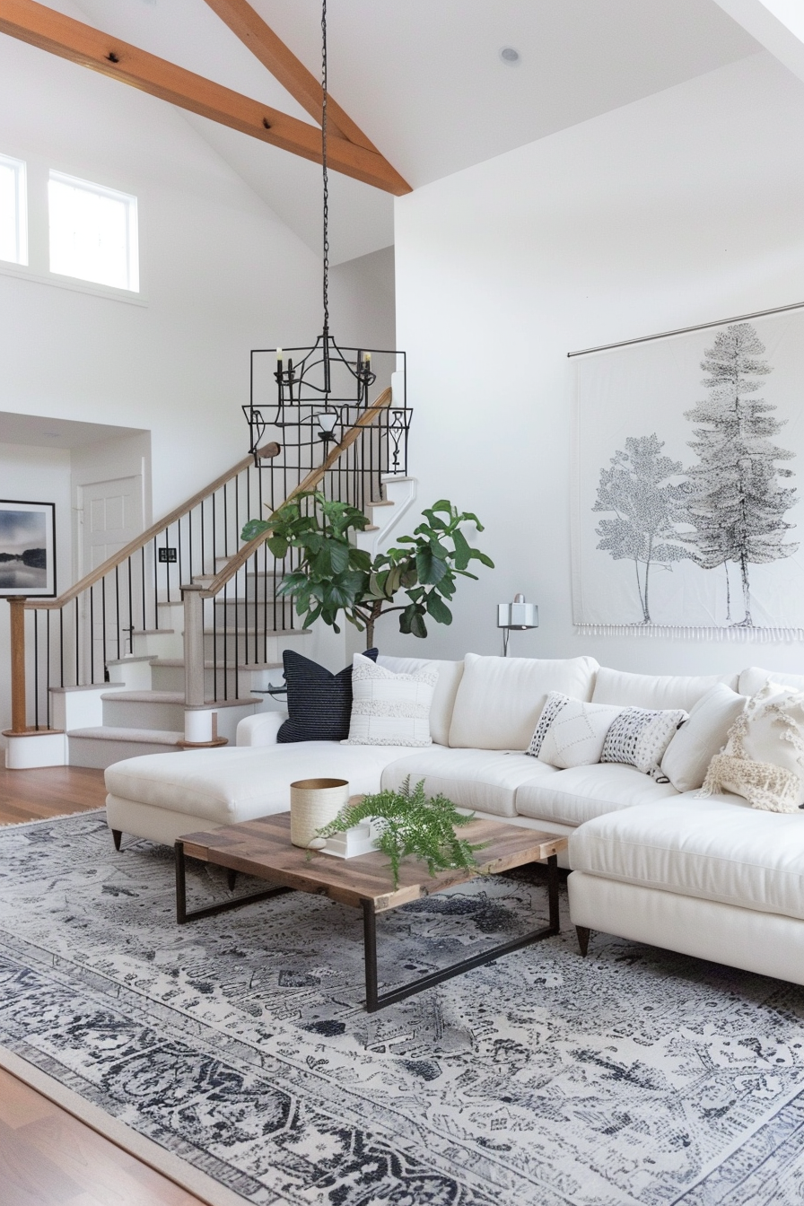 Bright living room interior with white sectional sofa, wooden coffee table, patterned rug, stairway, and decorative plants.