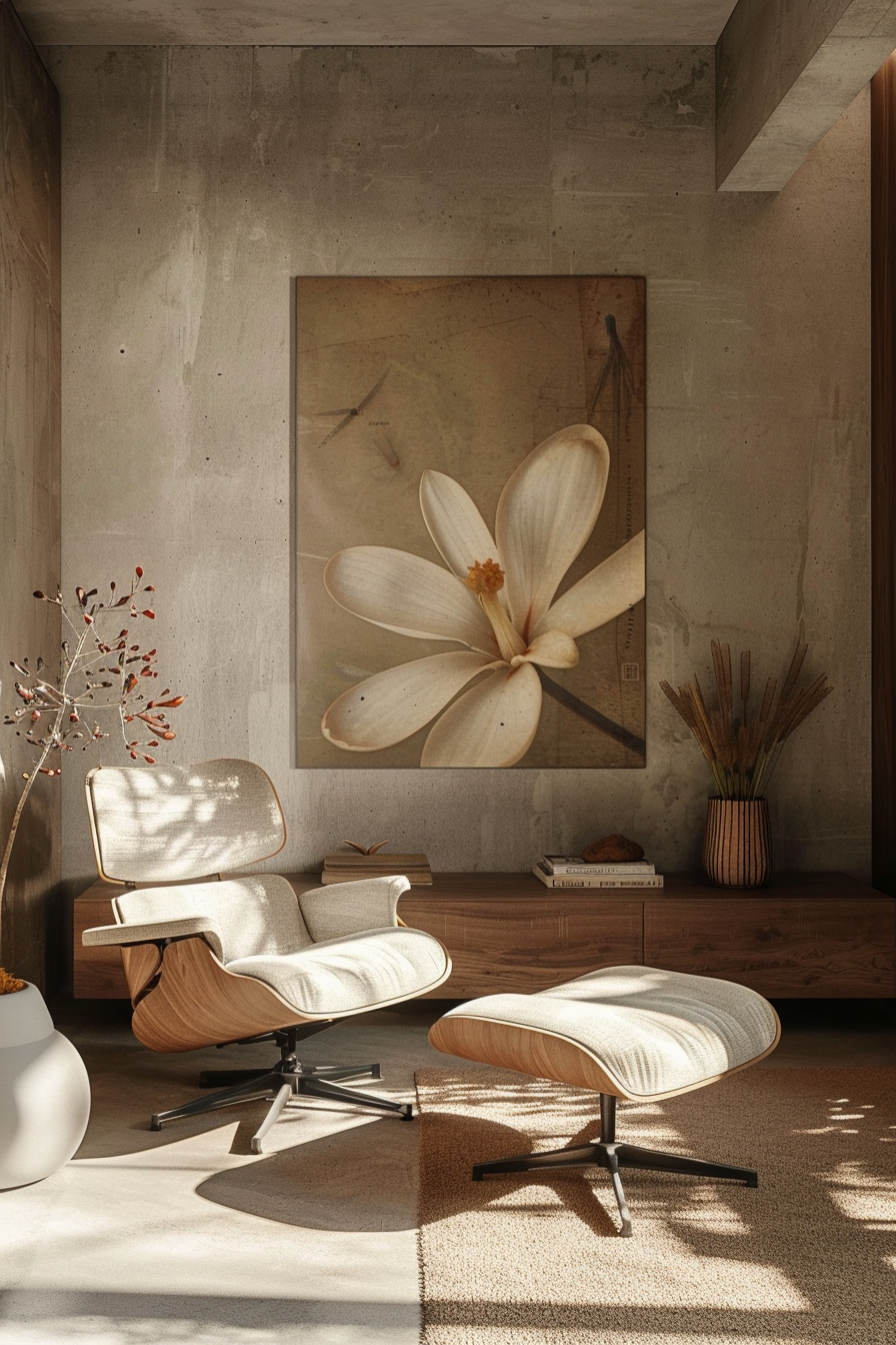 A modern living room corner with a stylish lounge chair, ottoman, large flower artwork, and decorative items bathed in natural sunlight.