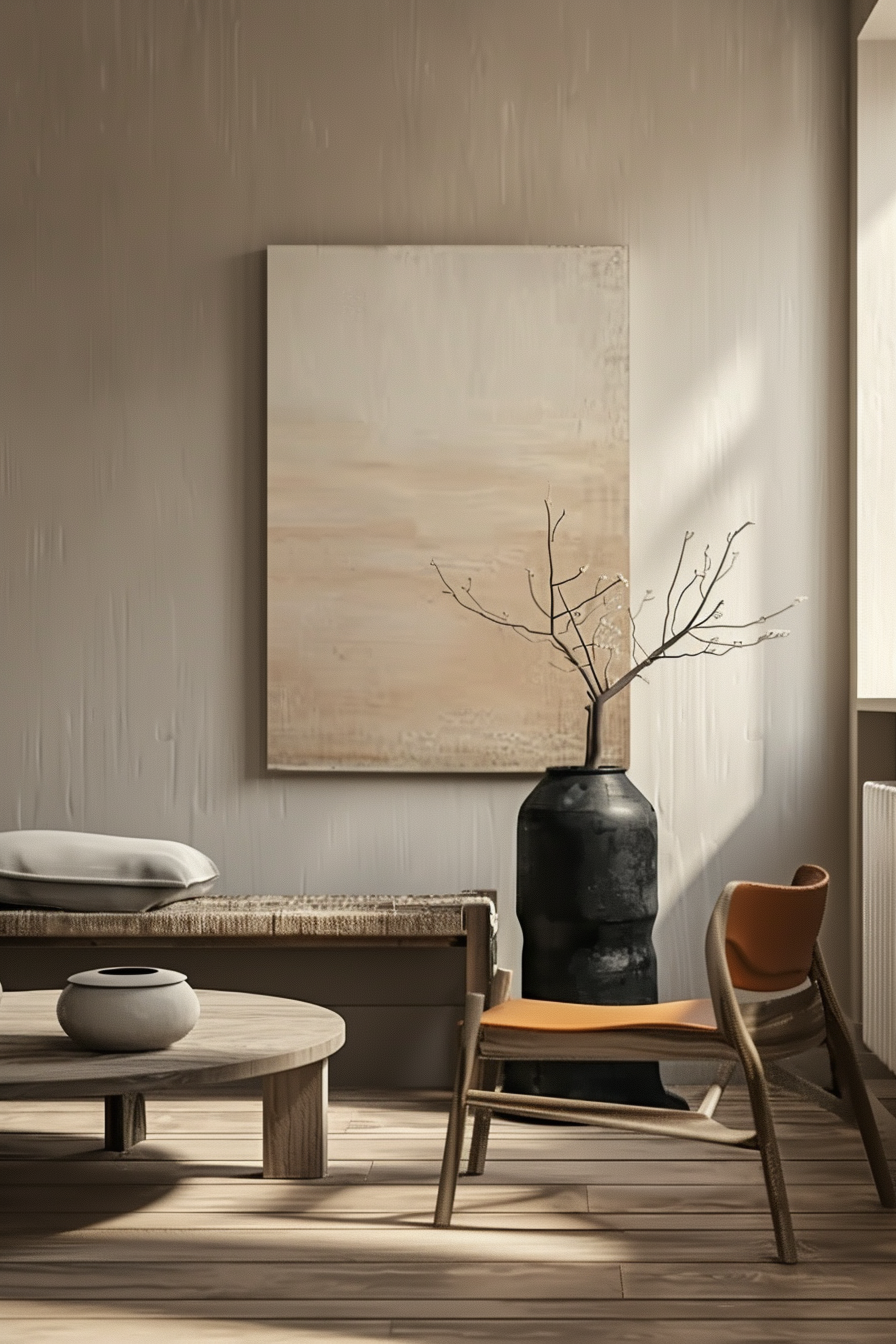 A minimalist room with a bench, chair, round table, abstract painting, and a vase with bare branches bathed in natural light.