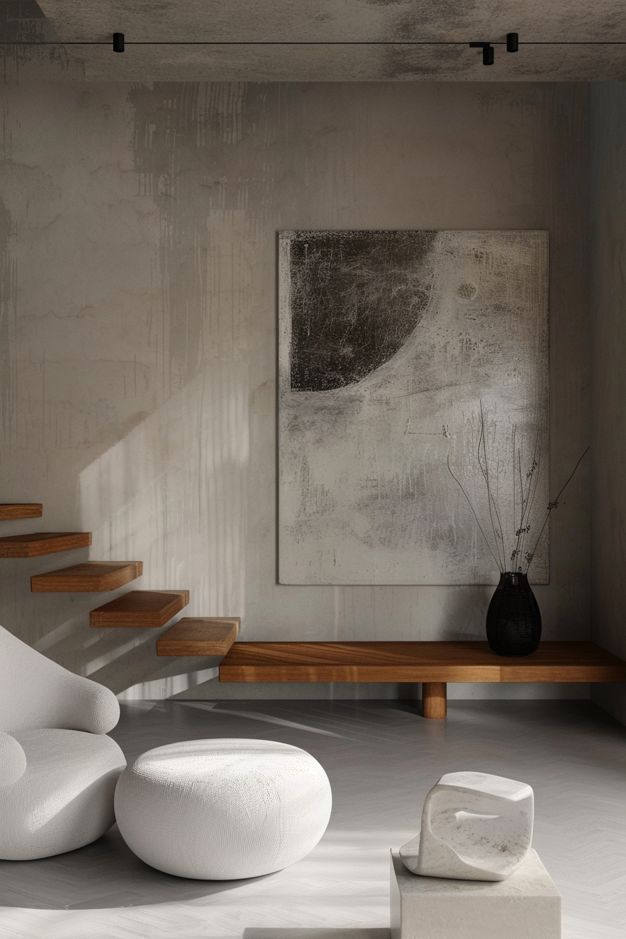 Modern minimalist interior with abstract wall art, floating wooden staircase, and stylish furniture.