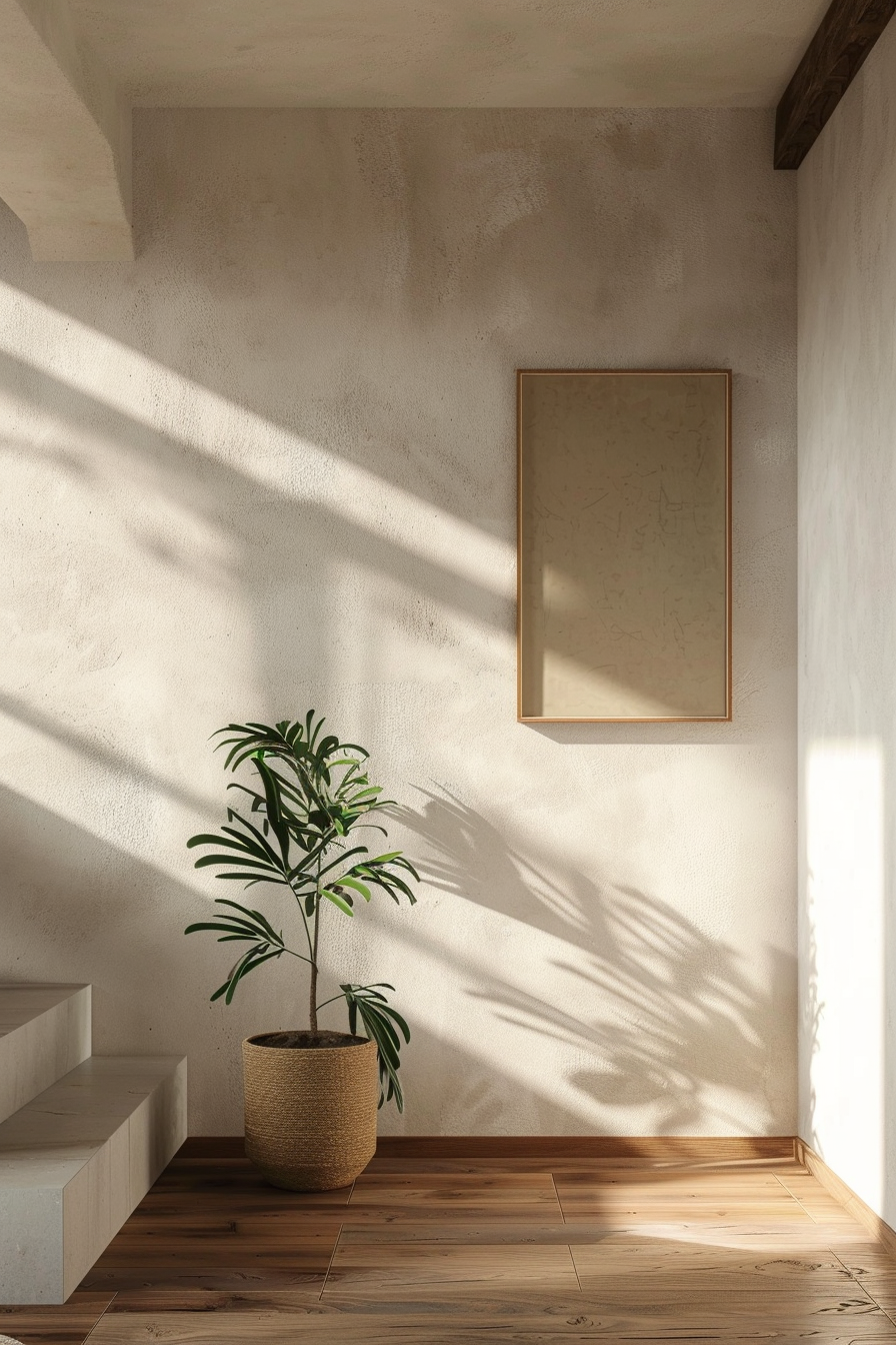 A potted plant casting a shadow on a textured wall next to a framed blank canvas, with sunlight streaming through a window.