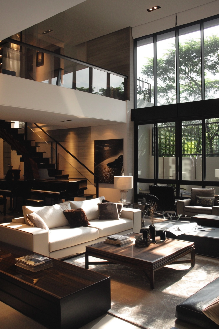 Modern living room with large windows, a grand piano, and a mix of dark wood tones against white furniture.