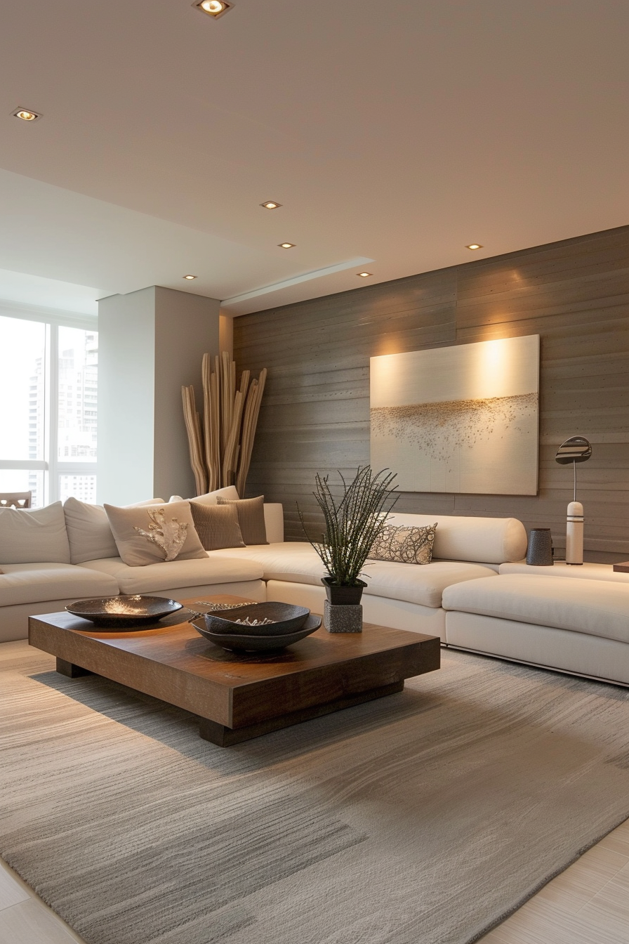 Modern living room interior with wooden wall panels, white sectional sofa, decorative vases, and abstract wall art.