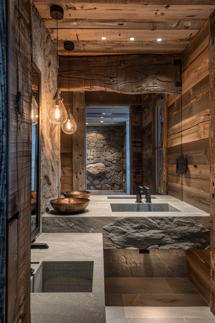 ALT: Rustic bathroom interior with wood paneling, stone walls, pendant bulbs, and matching stone basins atop a countertop.