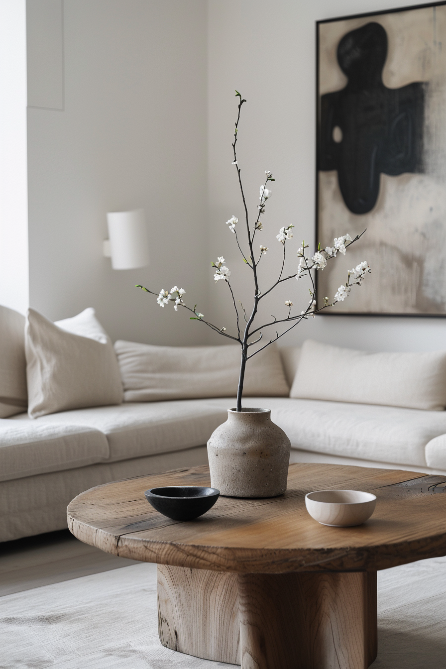A minimalist living room with a wooden coffee table displaying a vase with a blooming branch, beside small bowls, with a neutral-toned sofa and abstract art.