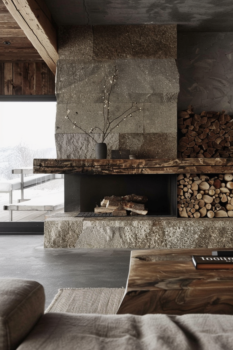 A modern living room with a stone fireplace, firewood storage, and a minimalistic vase with branches on the mantel.