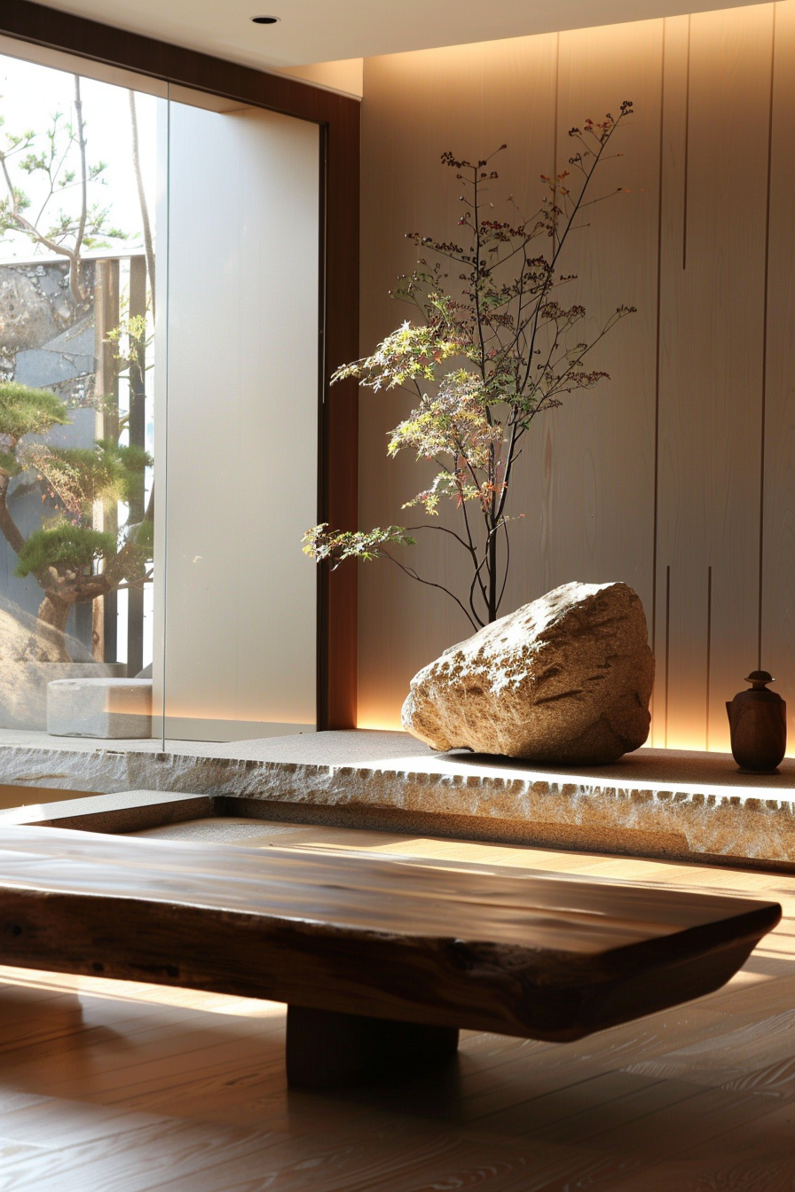ALT: A serene room with a wooden low table, natural light highlighting a stone and plant arrangement by a frosted glass sliding door.