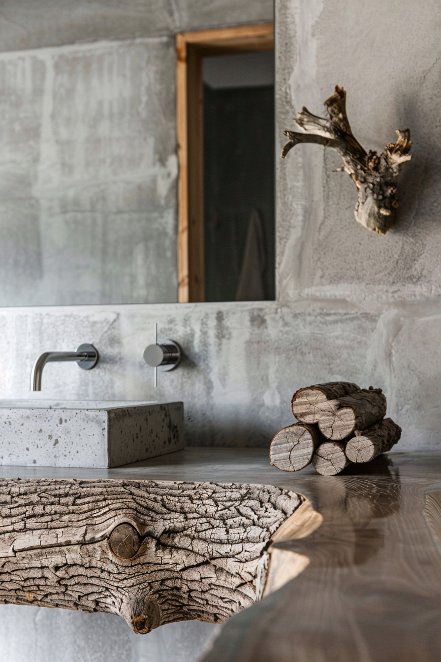 Modern bathroom with concrete sink, wooden elements, and a mirror reflection of the room.
