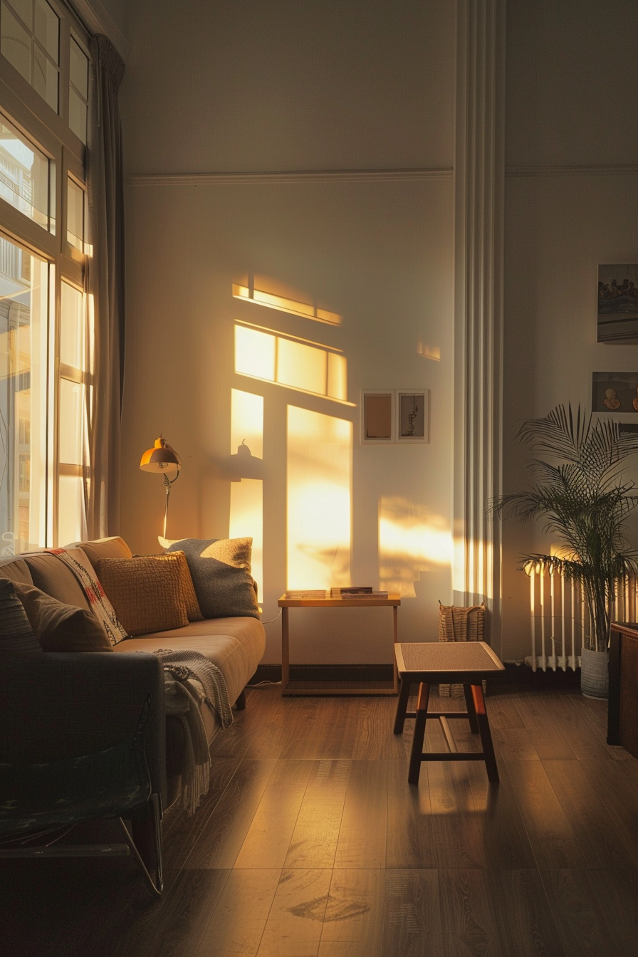 Cozy living room bathed in warm sunlight through large windows, with a comfortable couch, plants, and wooden furniture.