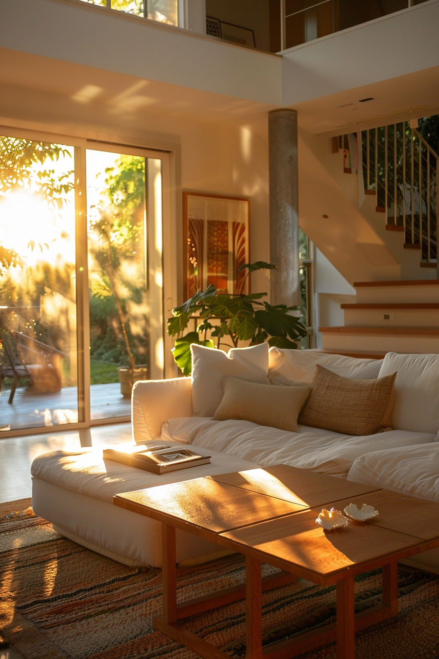 A cozy living room at sunset with warm light streaming through glass doors, highlighting a comfortable sofa and a wooden coffee table.