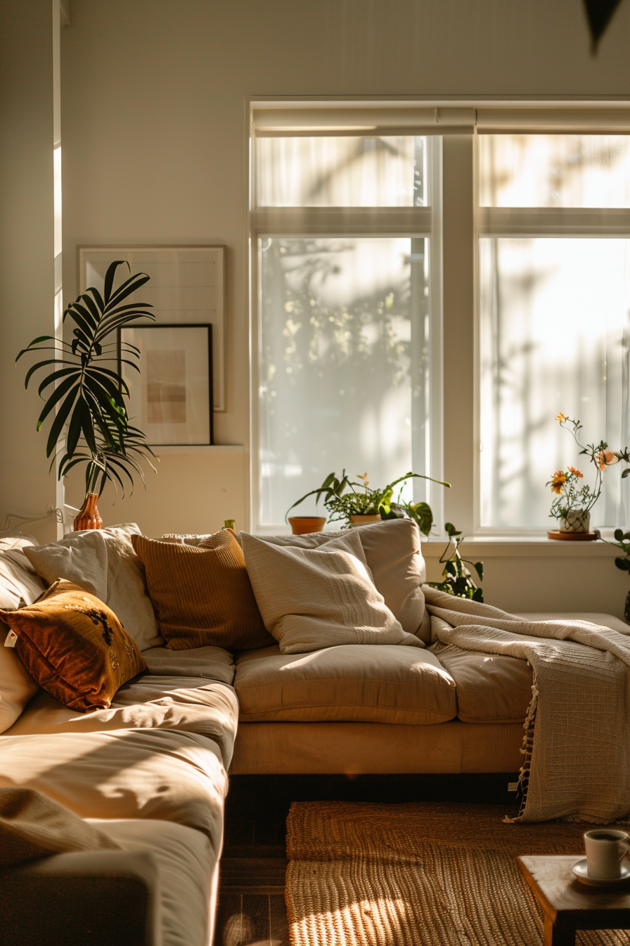 Cozy living room bathed in warm sunlight with a comfortable couch and houseplants by the window.